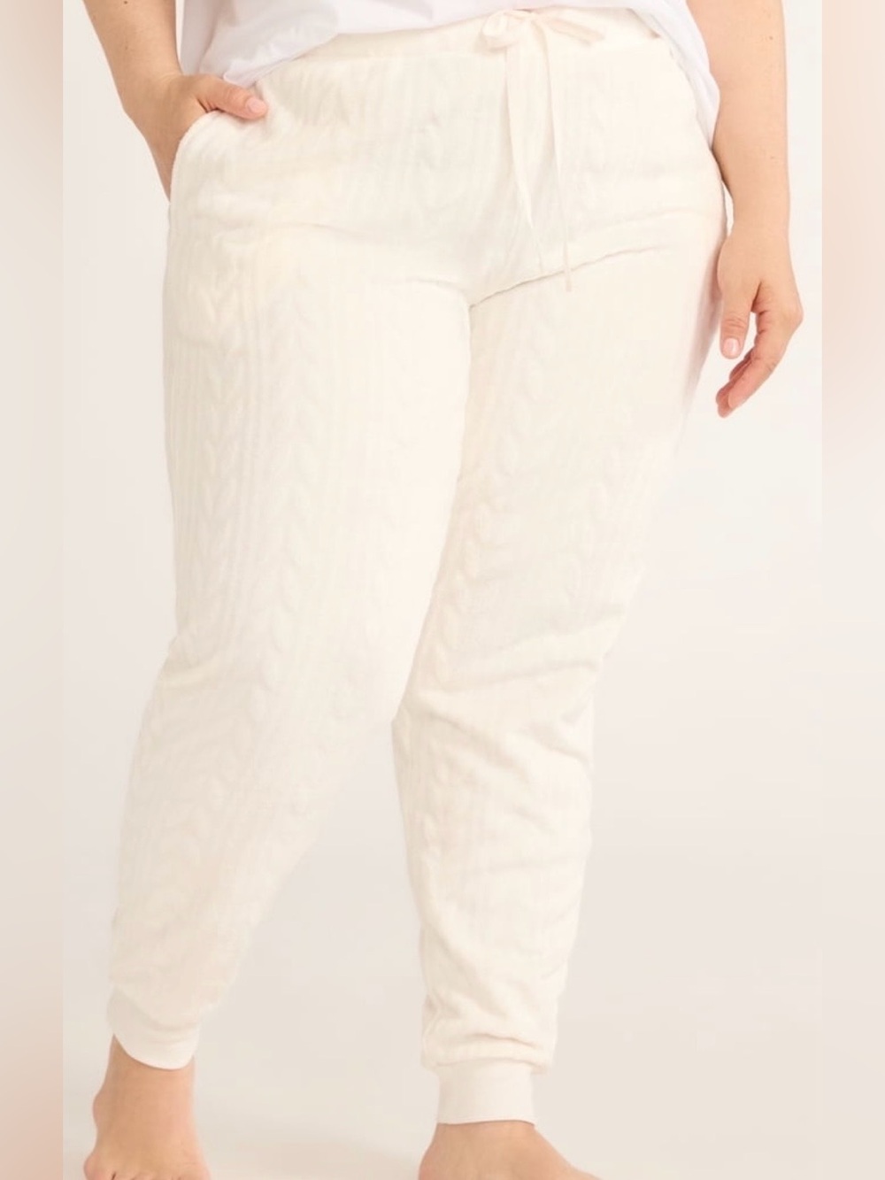 #x654 - Ivory White Carved Cableknit Look Plush Sleep Lounge Jogger Sweatpants